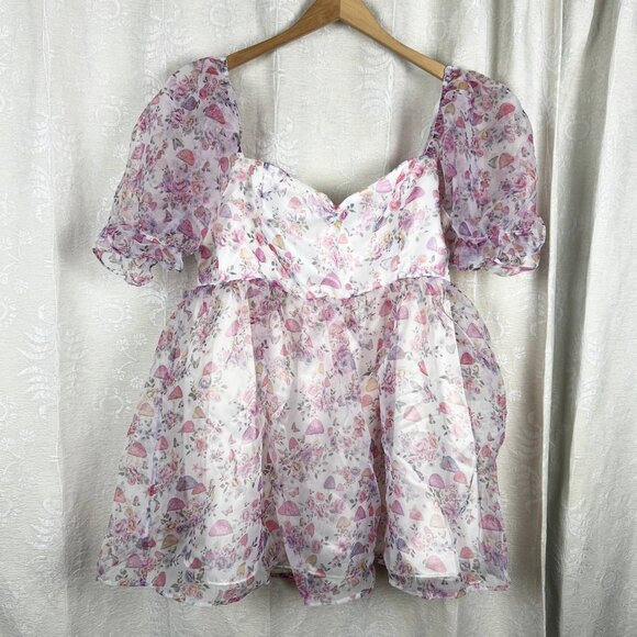 Dolls Kill Sugar Thrillz On A Whim Chiffon Babydoll Dress mushroom print 1X - Picture 1 of 10
